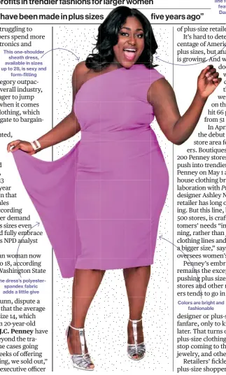  ??  ?? The dress’s polyesters­pandex fabric adds a little give This one-shoulder sheath dress, available in sizes up to 28, is sexy and form-fitting Designer Christian Siriano’s plus-size line for Lane Bryant features actress Danielle Brooks Colors are bright...