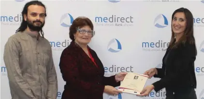  ??  ?? NCPE’s Renee Laiviera and Andre Callus hand the Equality Certificat­e to Francesca Farrugia, senior manager – HR at MeDirect Bank Malta