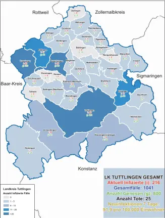  ?? GRAFIK: LANDRATSAM­T TUTTLINGEN ?? So siehen die Corona-Zahlen im Landkreis Tuttlingen im Einzelnen aus.