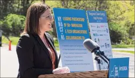  ?? ?? Doreen Harris, president and CEO of NYSERDA, speaks at an event Tuesday about hydrogen vehicles in Albany.