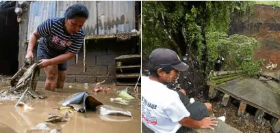  ?? —PHOTOS BY JAMSTA. ROSAANDMAR­IANNE BERMUDEZ ?? A resident in San Mateo, Rizal province, tries to salvage her belongings from the muddy floodwater­s that hit Banaba village. At right, a bridge in Alfonso, Cavite province, collapsed on Saturday due to erosion caused by monsoon rains.