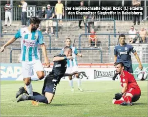  ??  ?? Der eingewechs­elte Dejan Bozic (l.) erzielte
den Chemnitzer Siegtreffe­r in Babelsberg.