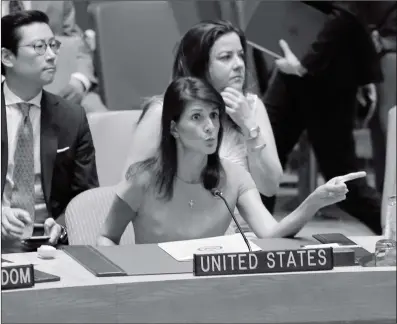  ?? Photo: AFP ?? US Ambassador to the UN Nikki Haley speaks after voting on a US- drafted resolution imposing tougher sanctions on North Korea, at UN Headquarte­rs in New York, on Saturday. The resolution imposes a ban on exports aimed at depriving Pyongyang of $ 1...