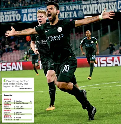  ?? AP ?? Manchester City’s Sergio Aguero celebrates after scoring the record goal during the Champions League match against Napoli. —