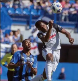  ?? FILE ?? Union center back Mark McKenzie, heading a ball against the Montreal Impact earlier this season, was back on the pitch Friday after leaving Wednesday’s 3-1 win over Chicago with a knee injury. The Union look to extend their unbeaten streak to five...