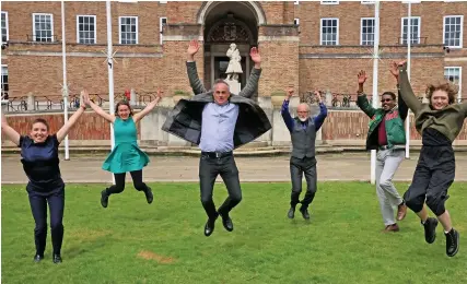  ?? Photograph: Jonathan Myers ?? Co-leader of the Green Party Jonathan Bartley with some of the new Green Party councillor­s at College Green