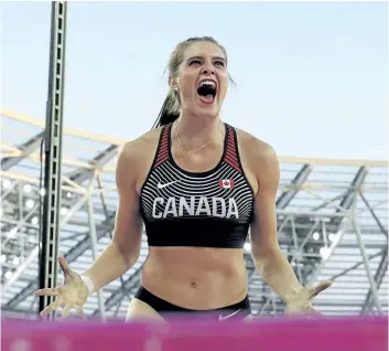  ?? MATT DUNHAM/THE ASSOCIATED PRESS FILES ?? Alysha Newman, of London, Ont., celebrates after an attempt in the women’s pole vault final during the World Athletics Championsh­ips earlier this month in London, England. Newman’s jump of 4.75 metres on Sunday at an event in Beckum, Germany, set a new...