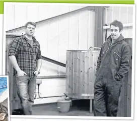  ??  ?? James Beavan and Robert Faulkner after they first bought their equipment. Left, Barefoot Blonde was the first beer Tenby Brewing Co ever produced