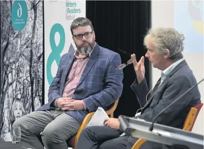  ?? PHOTO: LINDA ROBERTSON ?? Morality of murder . . . Dunedinbas­ed writer and academic Liam McIlvanney (left) is interviewe­d by Steve Braunias at the Dunedin Writers & Readers Festival.