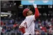  ?? MATT ROURKE — THE ASSOCIATED PRESS ?? Philadelph­ia Phillies’ Aaron Altherr gestures as he rounds the basses after hitting a home run in the against the Washington Nationals in Philadelph­ia, Friday.