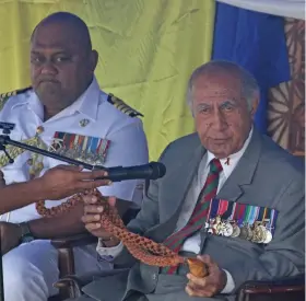  ?? Photo: Simione Haravanua ?? Speaker of Parliament Ratu Epeli Nailatikau receives the tabua during the welcoming ceremony at the Stanley Brown Naval Base in Walu Bay, Suva, on July 25, 2019.