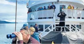  ??  ?? When the crew of the Wilderness Legacy spots marine life and other animals, word spreads quickly and passengers gather on the bow to watch.