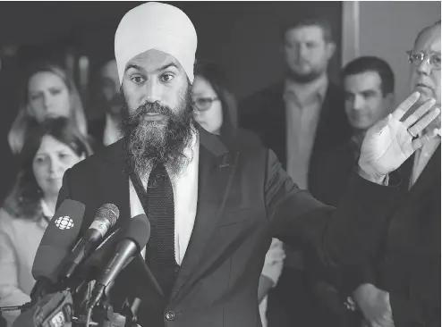  ?? DARRYL DYCK / THE CANADIAN PRESS ?? NDP Leader Jagmeet Singh responds to questions Thursday after a three-day NDP caucus national strategy session in Surrey, B.C.