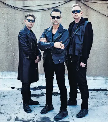  ??  ?? Depeche Mode now: (from left) Martin Gore, Dave Gahan and Andy Fletcher. Below: Gahan performing on stage