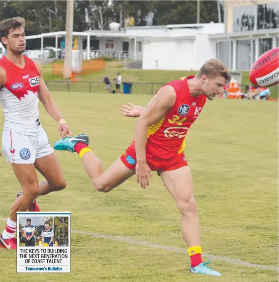  ?? Picture: MIKE BATTERHAM ?? Mackenzie Willis in action for the Gold Coast Suns NEAFL team earlier this season. He is now on the injured list. THE KEYS TO BUILDING THE NEXT GENERATION OF COAST TALENT Tomorrow’s Bulletin
