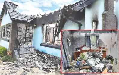  ?? — Pictures: Moffat Mungazi ?? The Mangweni family’s house was reduced to a shell by the mysterious fire. (Inset) Property worth thousands of dollars was destroyed in the inferno.