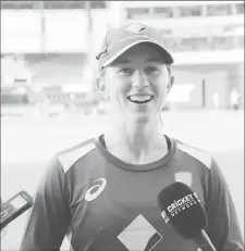  ??  ?? Rachael Haynes speaking to the media ahead of Australia’s first practice session