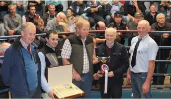  ??  ?? Exhibitor of the Supreme Champion David Hegarty, Bandon with Sean Ryan and William O’Flynn of Southern Milling, Cork, Chairman of Kanturk Mart John Cott and judge Peter O’Connell