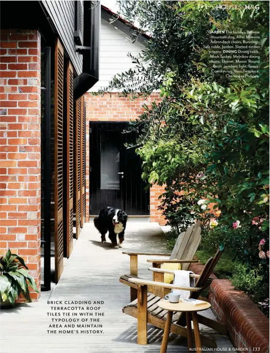  ??  ?? GARDEN The family’s Bernese mountain dog, Alfie. Mimosa Adirondack chairs, Bunnings. Side table, Jardan. Slatted-timber screens. DINING Dining table, Mark Tuckey. Melnikov dining chairs, Thonet. Moooi ‘Round Boon’ pendant light, Space. Cowskin rug, Ikea. Fireplace, Cheminées Philippe.