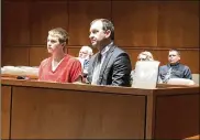  ?? LAWRENCE BUDD / STAFF ?? Dakota Cox, 18, of Washington Twp., sits in Warren County Common Pleas Court with his lawyer, Jon Paul Rion.