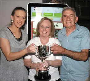  ??  ?? Winners Mary Murphy and PJ Leacy being presented with the trophy by Bridie O’Connor.