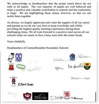  ?? ?? Part of the letter from headteache­rs concerning pupils’ behaviour