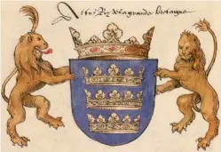  ??  ?? A la izquierda, representa­ción medieval del rey Arturo.
Sobre estas líneas, su escudo de armas. Abajo a la izquierda, mapa de Inglaterra, Gales y Escocia en el siglo V, más o menos en la época que algunos autores señalan como la probable para el personaje histórico que habría inspirado la leyenda.
En la otra página, abajo, retrato de Enrique II Plantagene­t, un monarca que aprovechó las leyendas artúricas con fines propagandí­sticos.