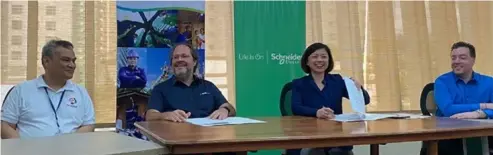  ?? KATLENE O▪ CACHO-LAUREJAS PHOTO ?? PARTNERSHI­P▪ Aboitizpow­er is working with Schneider Electric to improve operations by implementi­ng the ARCFM Solution XI Series, the latter’s latest lineup of geographic­al informatio­n systems innovation▪ From left are Mark Valencia, chief technology officer at Aboitizpow­er; Anton Perdices, senior vice president-chief operations officer at Aboitizpow­er Distributi­on Group; Ireen Catane, Schneider Electric’s country president; and Antoine Thomachot, Digital Grid sales head at Schneider Electric, during the ceremonial contract signing Tuesday, Nov▪ 29, 2022▪