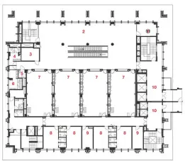  ??  ?? 1. BAR2. VISITOR’S LOUNGE 3. AHU4. FEMALE TOILET 5. HANDICAP TOILET 6. MAIL TOILET 7. COURT8. JUDGE ROOM 9. JUDGE OFFICE10. LOBBYFIRST FLOOR PLAN