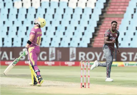  ?? | BackpagePi­x ?? LUTHO SIPAMLA of the Spartans celebrates after dismissing Faf du Plessis of the Rocks during their Mzansi Super League T20 match at SuperSport Park in Centurion yesterday. Sipamla took three wickets to help the Spartans to victory.