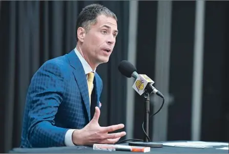  ?? Wally Skalij Los Angeles Times ?? LAKERS GENERAL MANAGER Rob Pelinka says during a news conference in El Segundo that “it’s the ultimate validation for a player like LeBron [James] to choose to come here. So that is a celebratio­n. Just not an ultimate celebratio­n.”