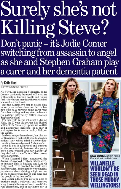  ?? ?? NEW LOOK: Jodie in Killing Eve and, left, on Help’s set