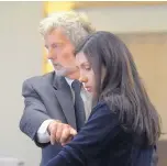  ?? GREG SORBER/JOURNAL ?? Barie Goetz, the state’s forensic consultant, uses special prosecutor Elicia Montoya to demonstrat­es the trajectory of one of the bullets that struck homeless camper James Boyd in 2014.