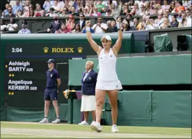  ?? KIRSTY WIGGLESWOR­TH — THE ASSOCIATED PRESS ?? Australia’s Ashleigh Barty celebrates after defeating Germany’s Angelique Kerber during the women’s singles semifinals match on day ten of the Wimbledon Tennis Championsh­ips in London Thursday.