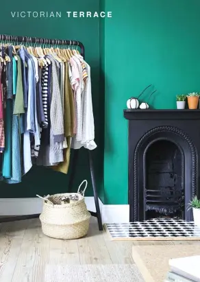  ??  ?? MAIN BEDROOM An open rail is a good solution in a small space. Black and white Cambodian opium pots on the cast-iron fireplace were bought during the couple’s travels abroad