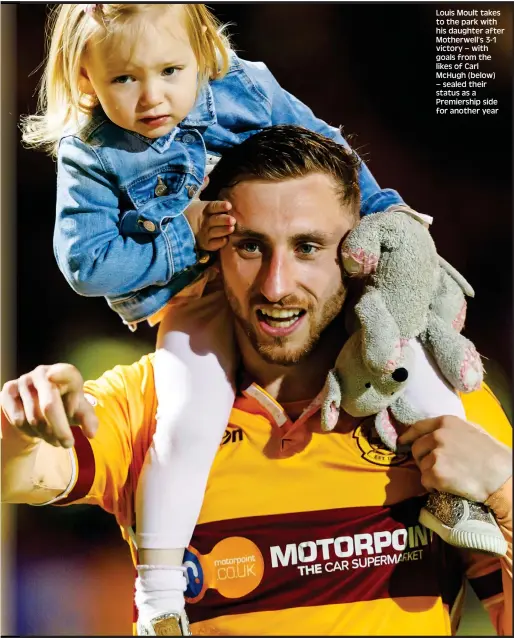  ??  ?? Louis Moult takes to the park with his daughter after Motherwell’s 3-1 victory – with goals from the likes of Carl McHugh (below) – sealed their status as a Premiershi­p side for another year