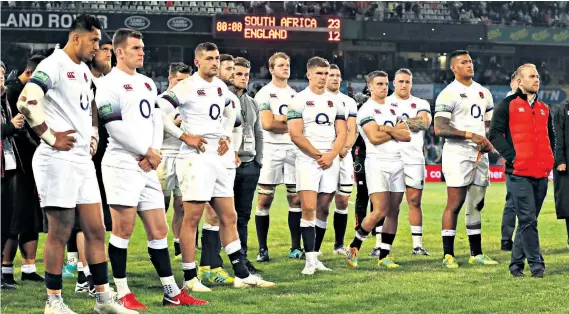  ??  ?? Faces of defeat: England players reflect on the 23-12 loss to South Africa in Bloemfonte­in on Saturday