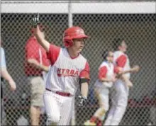  ?? JOHN BLAINE — FOR THE TRENTONIAN ?? HTRBA’s Daniel Leon celebrates hitting a grand slam in the second inning against Nottingham in the District 12 Little League game on Sunday.