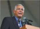  ?? Rich Pilling / MLB via Getty Images ?? George Grande during Hall of Fame Induction ceremonies at the Clark Sports Center in Cooperstow­n in 2008.