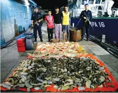  ??  ?? The fish farm owner (second right) with his two workers and the seized turtle meat and shells.