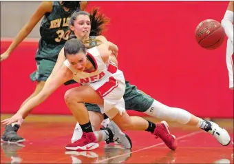  ?? TIM MARTIN/THE DAY ?? NFA’s Hailey Conley, front, gets tied up with New London’s Cora Sawyer while battling for a loose ball during the Whalers’ 53-39 win in Wednesday night’s ECC Division I tournament championsh­ip game.
