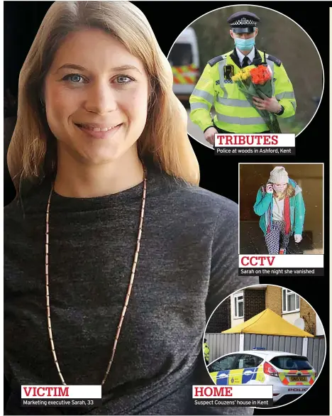  ??  ?? VICTIM Marketing executive Sarah, 33
TRIBUTES Police at woods in Ashford, Kent
CCTV
Sarah on the night she vanished
HOME
Suspect Couzens’ house in Kent