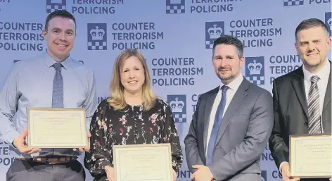  ?? ?? Inspector Paul Harris, Inspector Helen Brooke and ACC Nik Adams who presented the awards and Detective Sergeant Rich Ellison