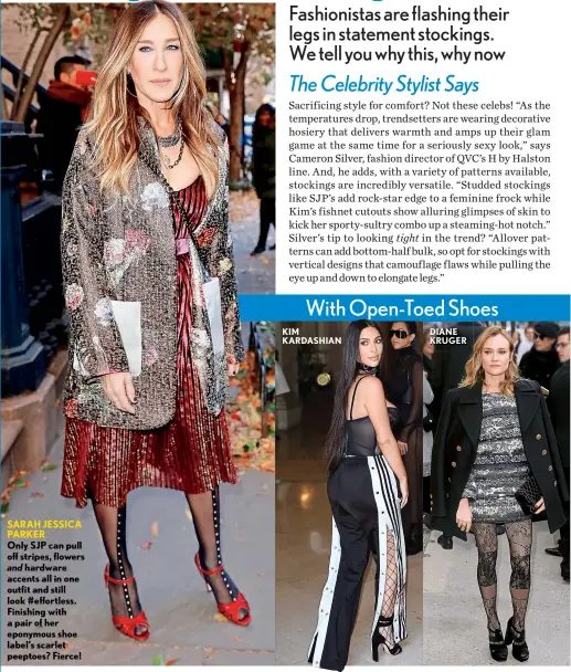  ??  ?? SARAH JESSICA PARKER Only SJP can pull off stripes, flowers
and hardware accents all in one outfit and still look #effortless. Finishing with a pair of her eponymous shoe label’s scarlet peeptoes? Fierce!