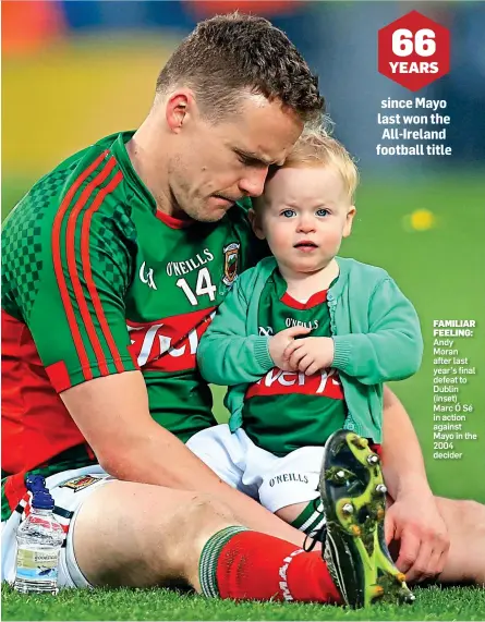  ??  ?? FAMILIAR FEELING: Andy Moran after last year’s final defeat to Dublin (inset) Marc Ó Sé in action against Mayo in the 2004 decider