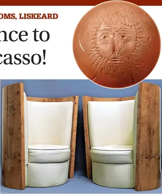  ??  ?? > Main picture: a pair of 1930’s art deco bucket type chairs; and left, the star of the ceramics, a Madoura ‘face’ bowl by Pablo Picasso. Carrying the date of ‘30-3-22’, the bowl has a guide of £600-£800