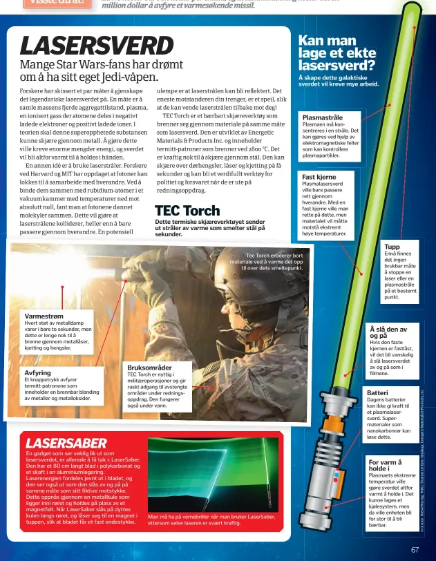  ??  ?? Tec Torch eroderer bort materiale ved å varme det opp
til over dets smeltepunk­t. Man må ha på vernebrill­er når man bruker LaserSaber, ettersom selve laseren er svært kraftig.