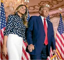  ?? AP ?? Former President Donald Trump stands on stage with former first lady Melania Trump after he announced a run for president for the third time as he speaks at Mara-Lago in Palm Beach yesterday.
