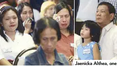  ??  ?? Wives and mothers of the fallen heroes cannot help but cry during the ceremony. Jaenicka Althea, one of the fallen soldiers’ kids, sits on President Duterte’s lap.Ginggay Hontiveros-Malvar, lead project coordinato­r for Go Negosyo Kapatid for Marawi, hosts the program.