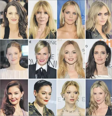  ?? Associated Press ?? HARVEY WEINSTEIN accusers include, top row from left, Asia Argento, Rosanna Arquette, Jessica Barth, Cara Delevingne, Romola Garai, Judith Godreche, Heather Graham, Angelina Jolie, Ashley Judd, Rose McGowan, Lea Seydoux and Mira Sorvino.